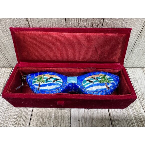 Vtg Cloisonne Novelty Beach Sunglasses w/ Red Velvet Box Christmas Ornament 5.5" - Picture 2 of 6